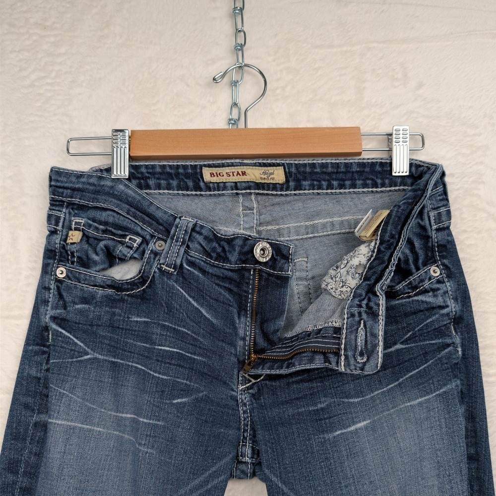 VTG Big Star Jeans Women 32x29 Blue Curvy Fit Low Rise Bootcut Whisker Fade Y2K